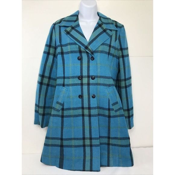 MECO Women's Blue Plaid Long Wool Peacoat Jacket Size Small - Picture 1 of 5